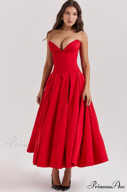 Lady Black Stylish Strapless Midi Dress XS / Red