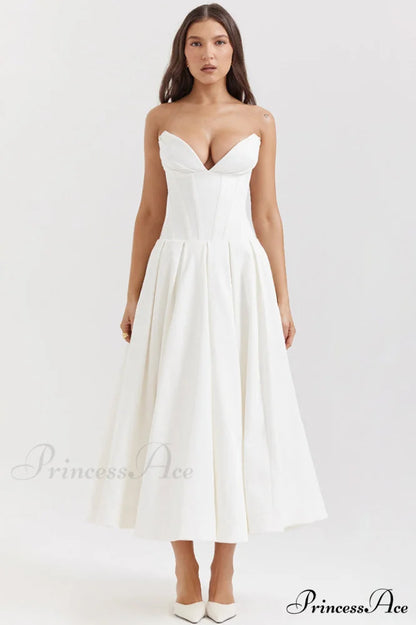 Lady Black Stylish Strapless Midi Dress XS / White