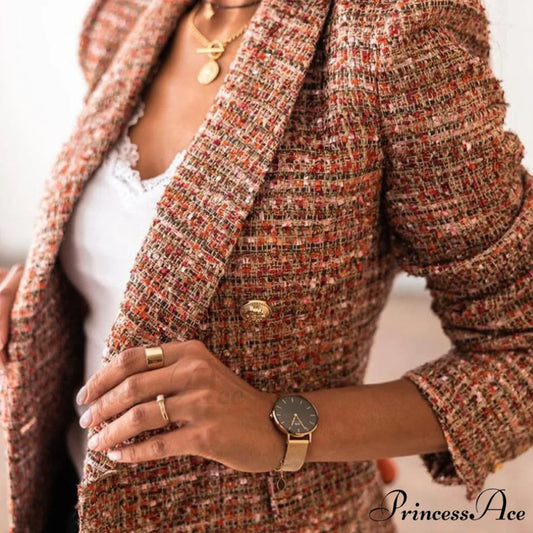 Lady Elegant Double-breasted Check Slim Long-sleeved Blazer Brown 1 / L