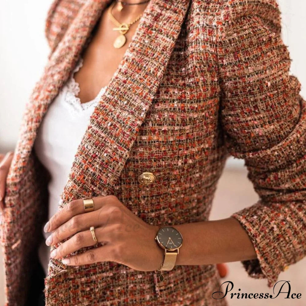 Lady Elegant Double-breasted Check Slim Long-sleeved Blazer Brown 1 / L