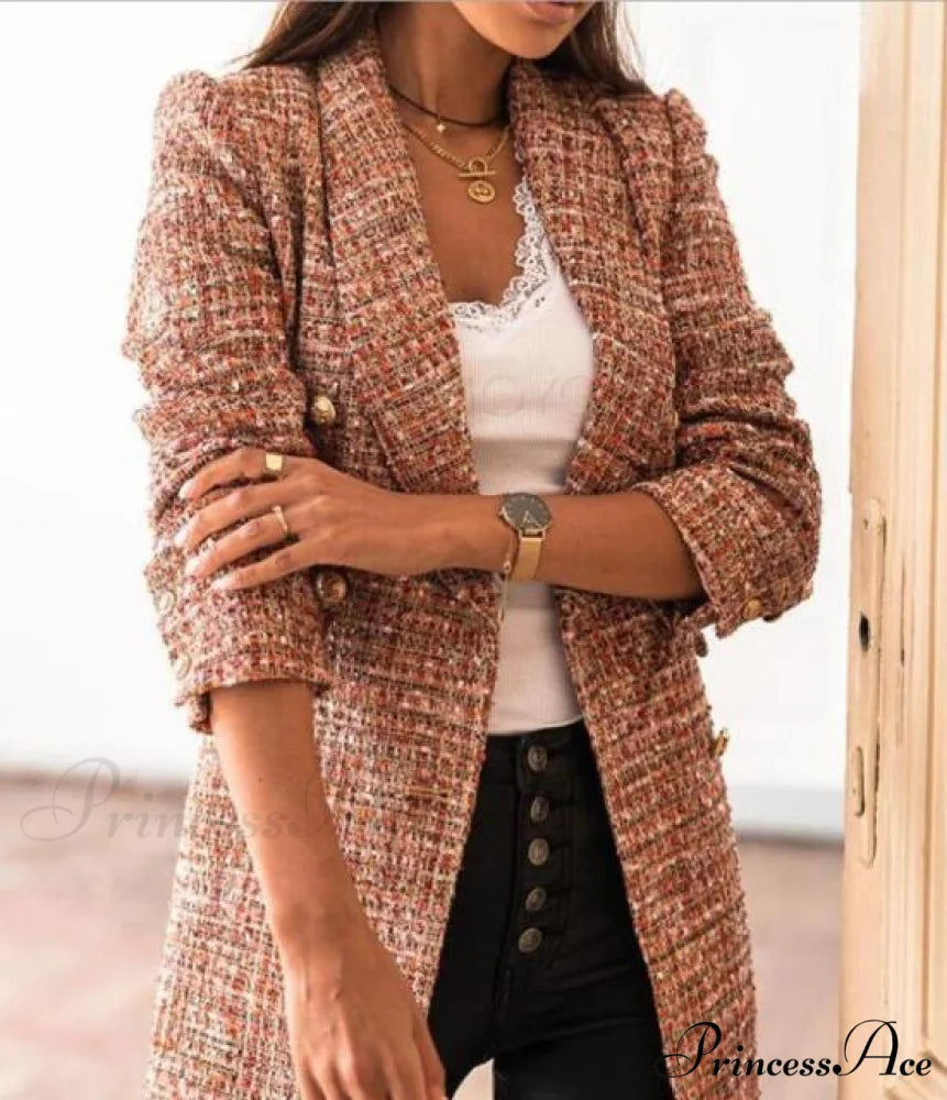 Lady Elegant Double-breasted Check Slim Long-sleeved Blazer Brown 2 / L