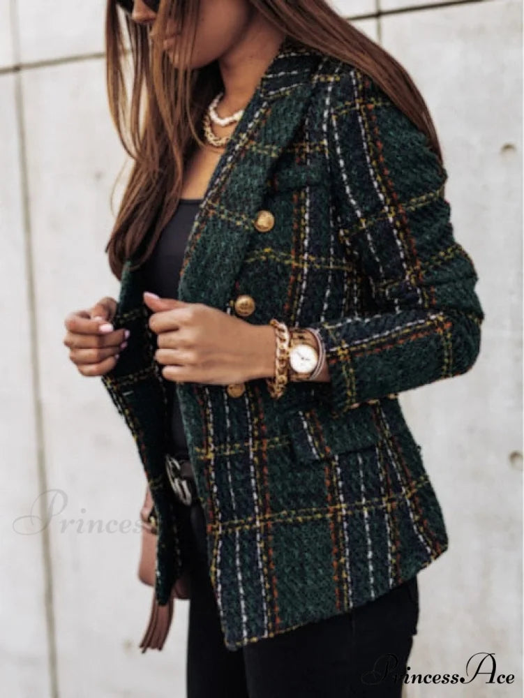 Lady Elegant Double-breasted Check Slim Long-sleeved Blazer Dark green / L
