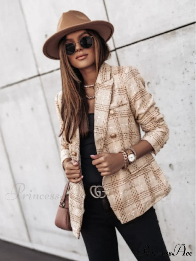 Lady Elegant Double-breasted Check Slim Long-sleeved Blazer Khaki 2 / L