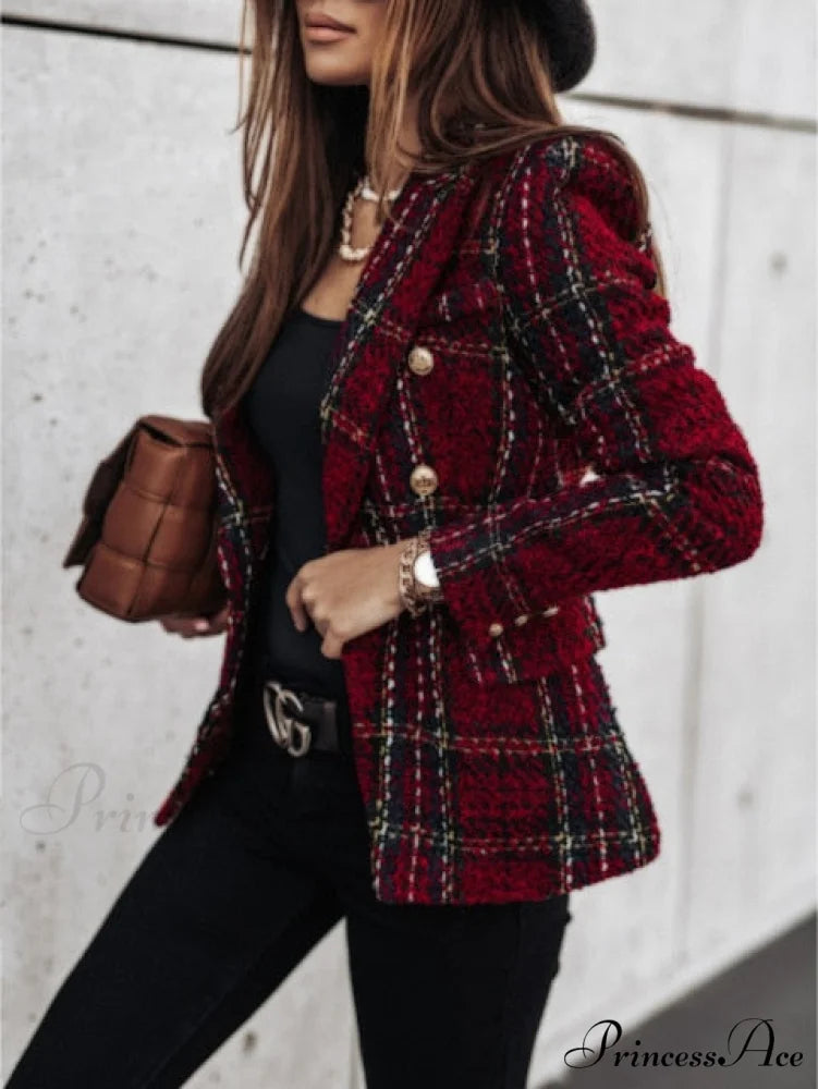 Lady Elegant Double-breasted Check Slim Long-sleeved Blazer Wine red / L