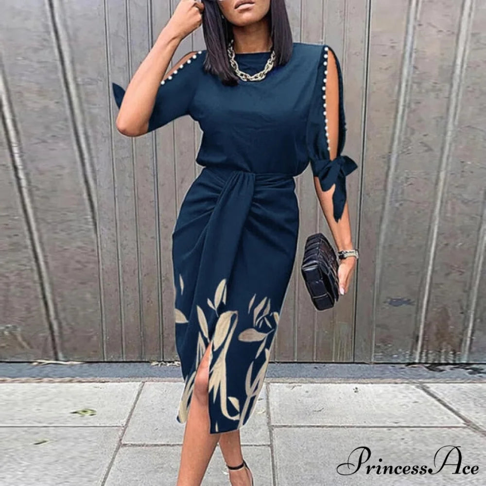 Lady Elegant O Neck Draped Slit Long Dress 01 Blue / S