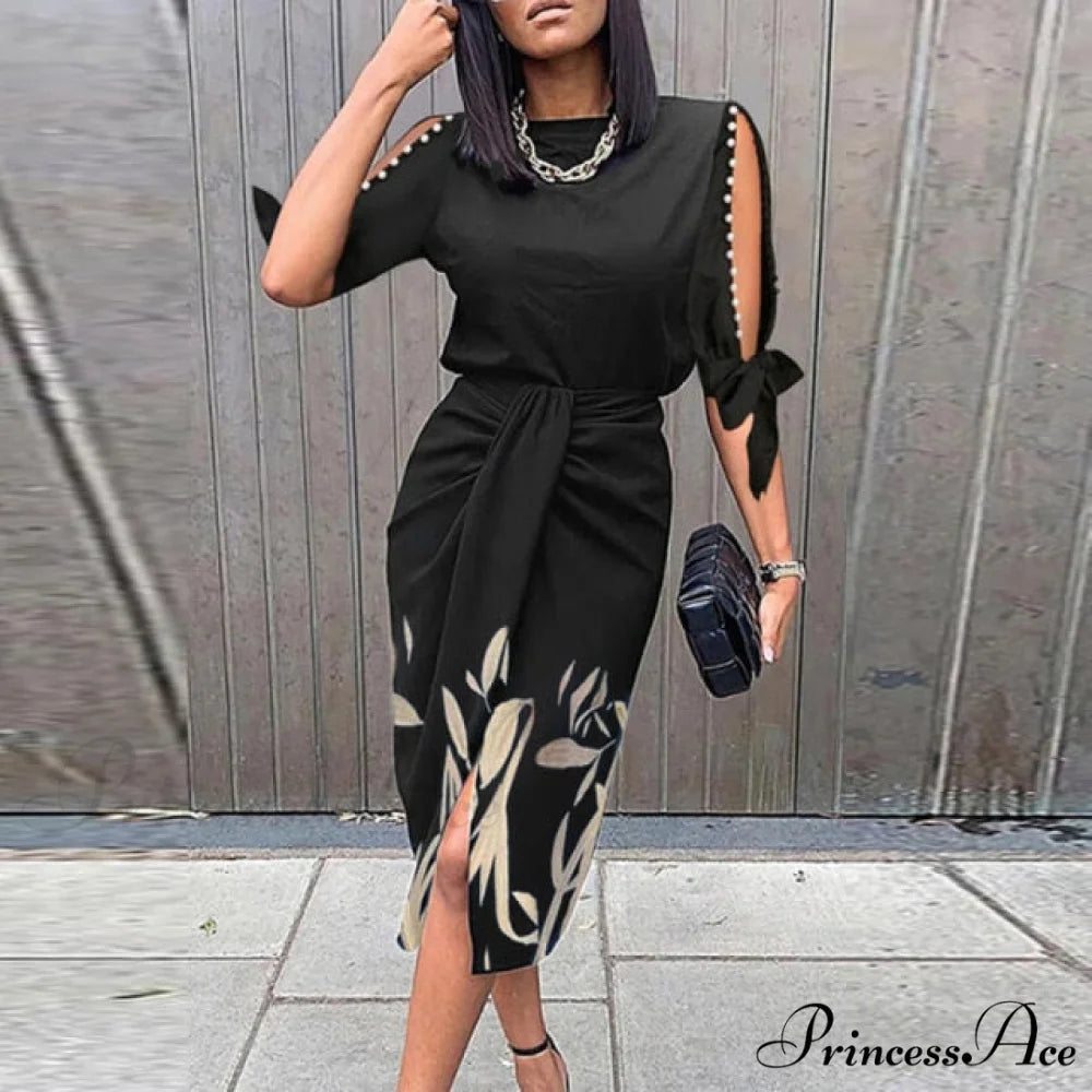 Lady Elegant O Neck Draped Slit Long Dress 02 Black / S