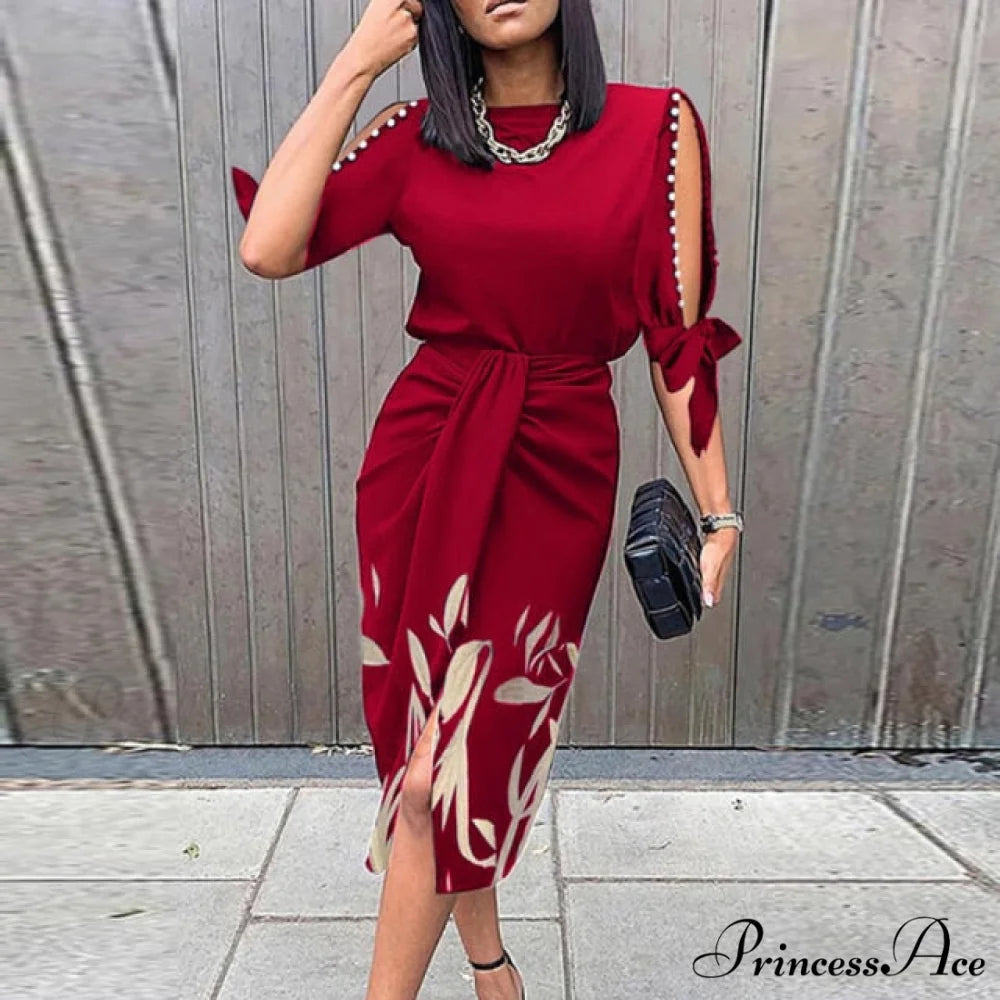 Lady Elegant O Neck Draped Slit Long Dress 03 Red / S