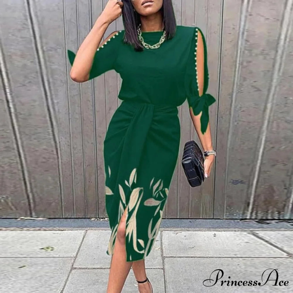 Lady Elegant O Neck Draped Slit Long Dress 04 Green / S