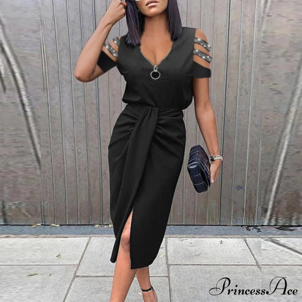 Lady Elegant O Neck Draped Slit Long Dress Zipper Black / S
