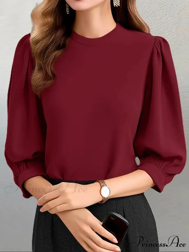 Lamp Sleeve Round-neck Informal Celebration Tunic Blouse Red / S blouse-250126