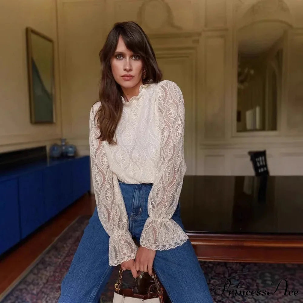 Lamp Sleeve Upright Neck Flower Boho Blouse APRICOT / M bohoblouse-250126