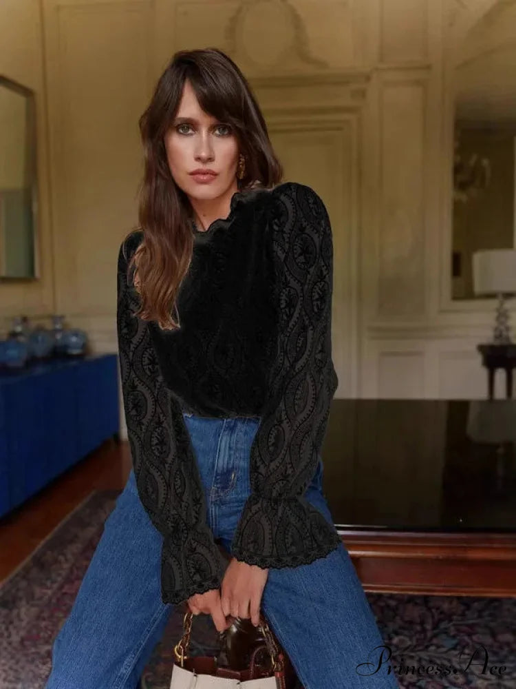 Lamp Sleeve Upright Neck Flower Boho Blouse Black / M bohoblouse-250126