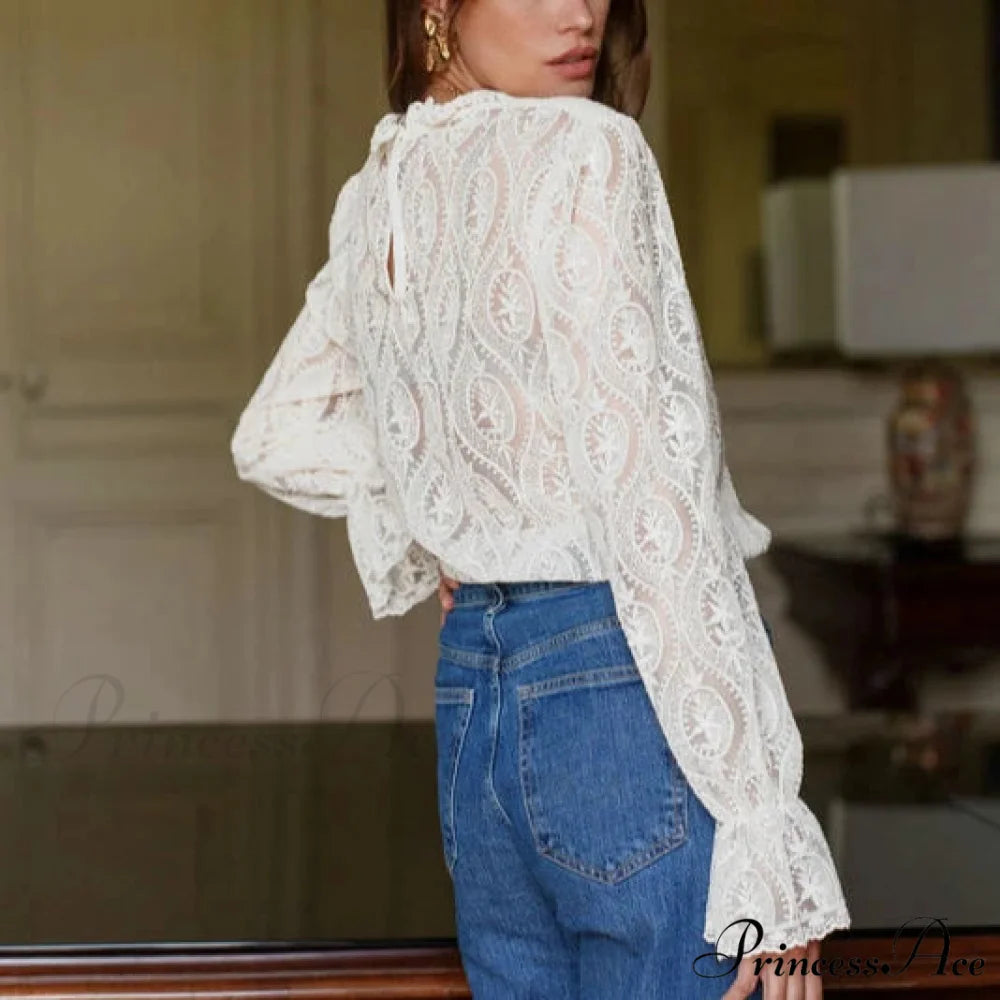 Lamp Sleeve Upright Neck Flower Boho Blouse bohoblouse-250126