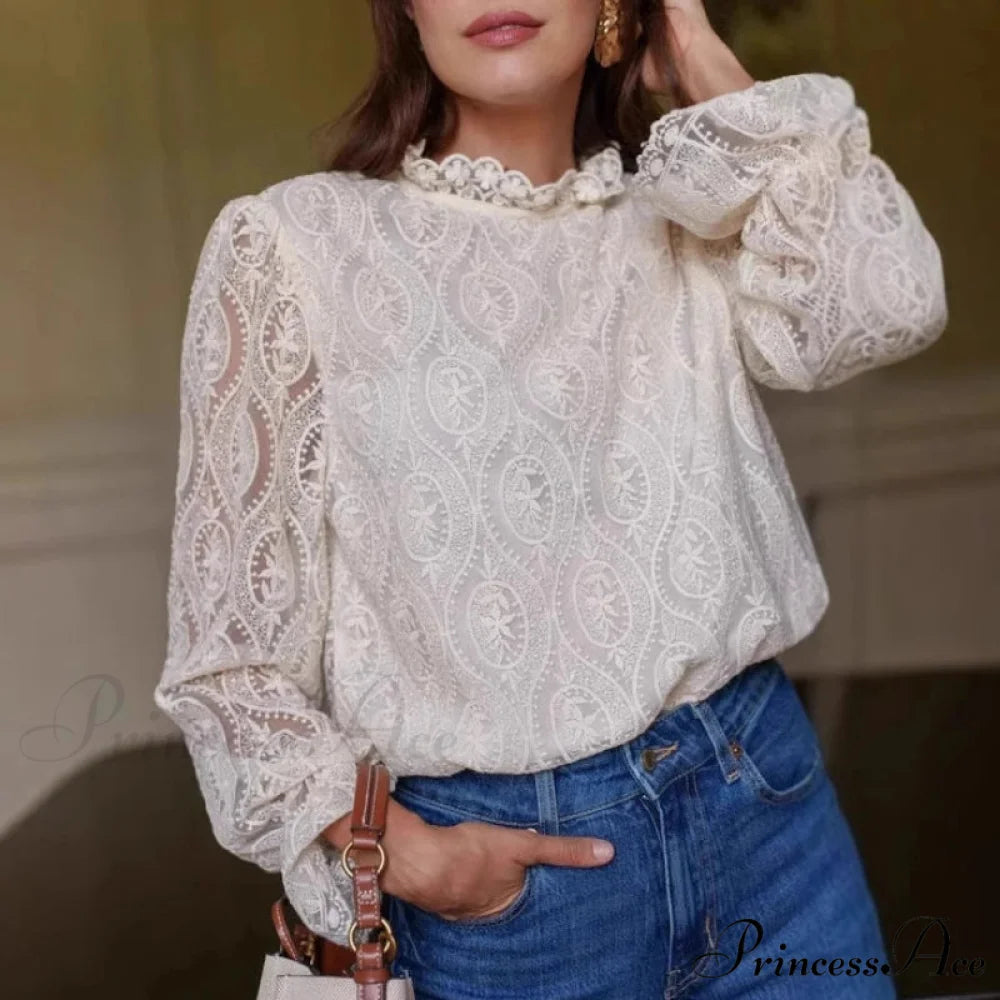 Lamp Sleeve Upright Neck Flower Boho Blouse bohoblouse-250126