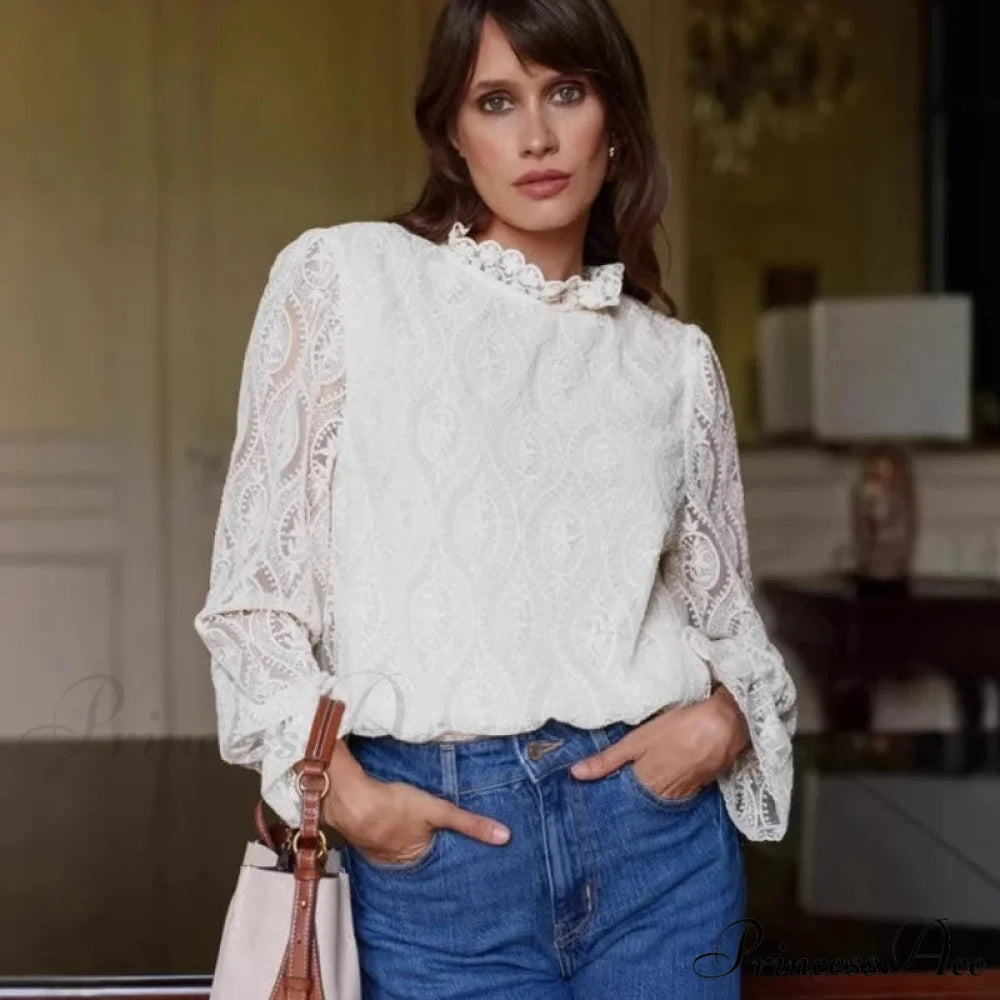 Lamp Sleeve Upright Neck Flower Boho Blouse bohoblouse-250126