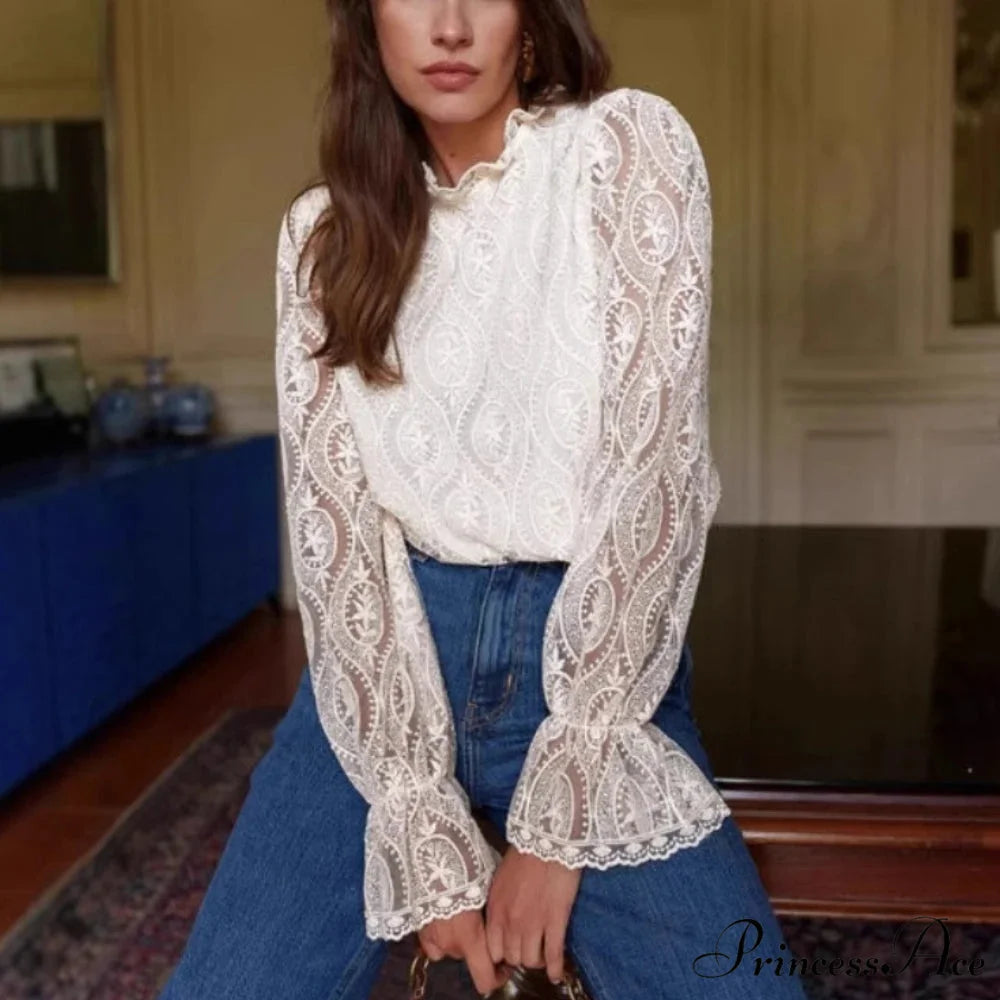 Lamp Sleeve Upright Neck Flower Boho Blouse WHITE / M bohoblouse-250126