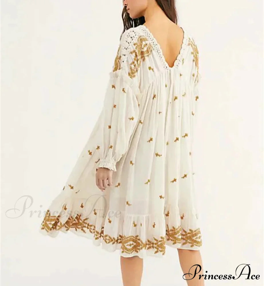 Lantern Extended Sleeve Cotton Rayon Embroidered Dress bohodress-250126