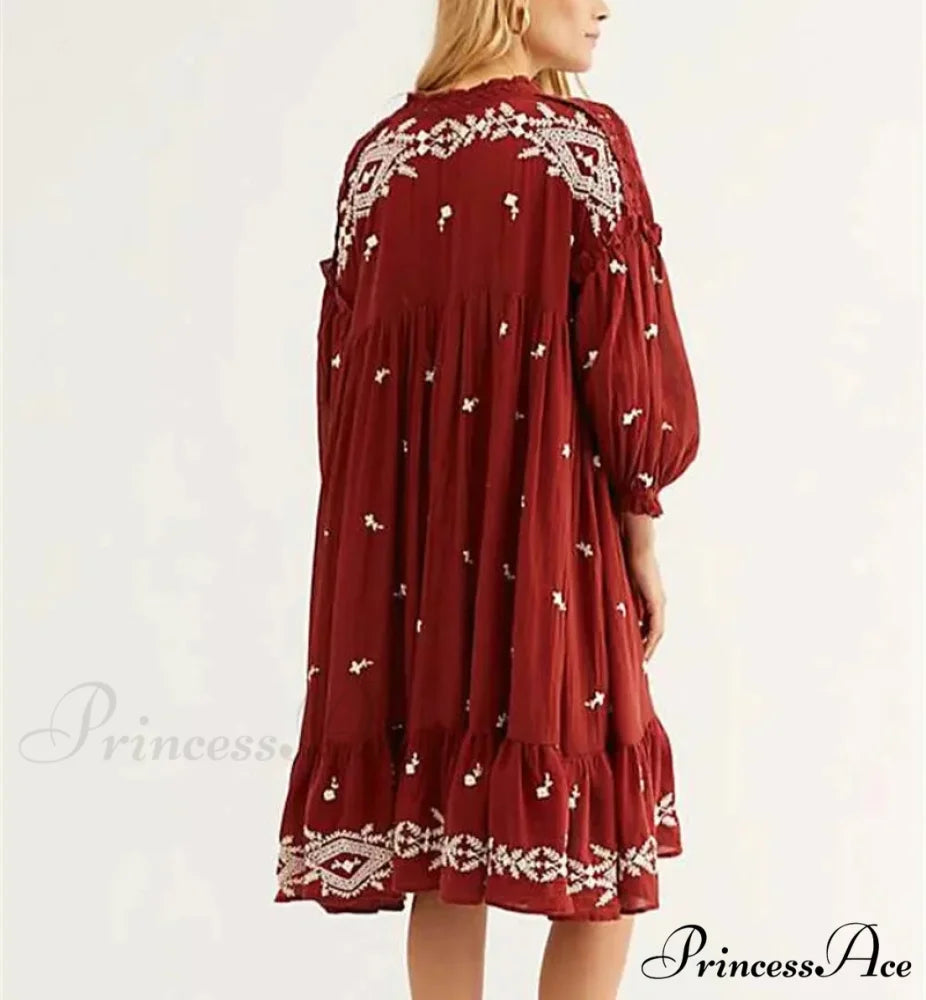 Lantern Extended Sleeve Cotton Rayon Embroidered Dress bohodress-250126