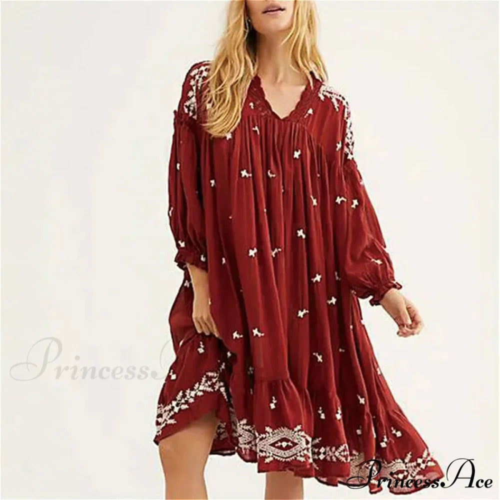 Lantern Extended Sleeve Cotton Rayon Embroidered Dress bohodress-250126