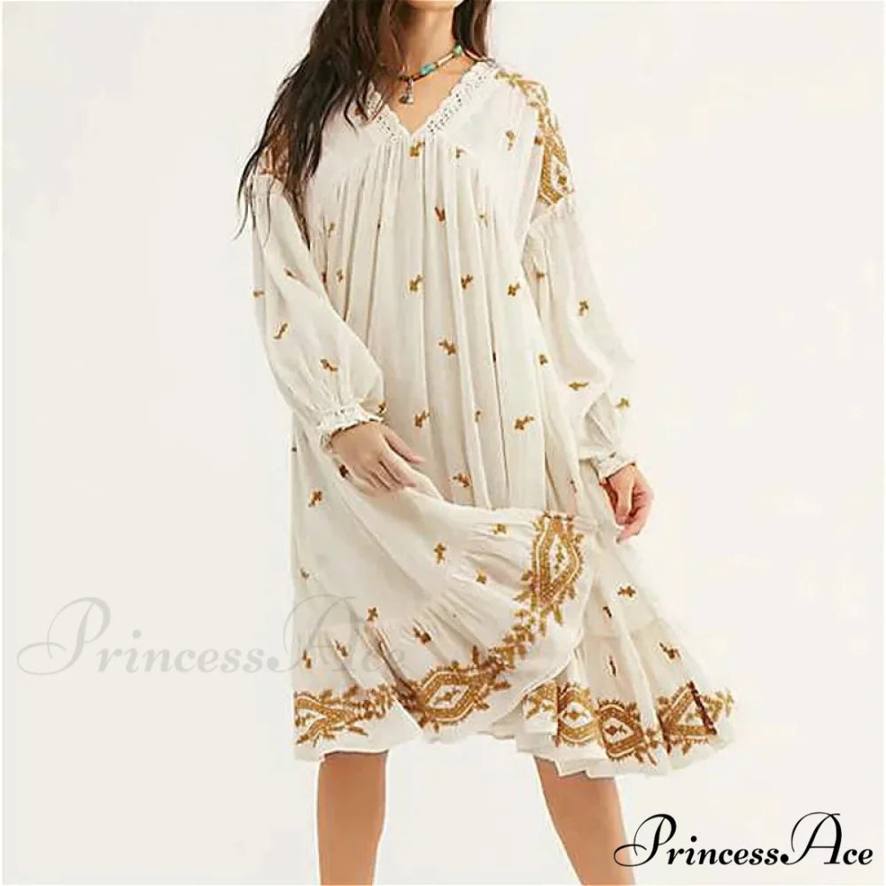 Lantern Extended Sleeve Cotton Rayon Embroidered Dress bohodress-250126