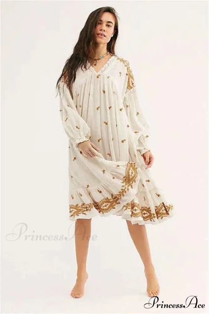 Lantern Extended Sleeve Cotton Rayon Embroidered Dress Creamy-white / S bohodress-250126