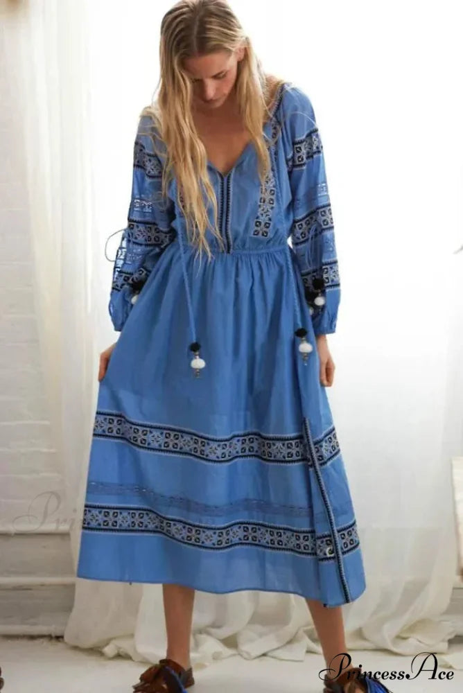 Lantern Extended Sleeve Lace Maxi Boho Dress Blue / S bohodress-250126