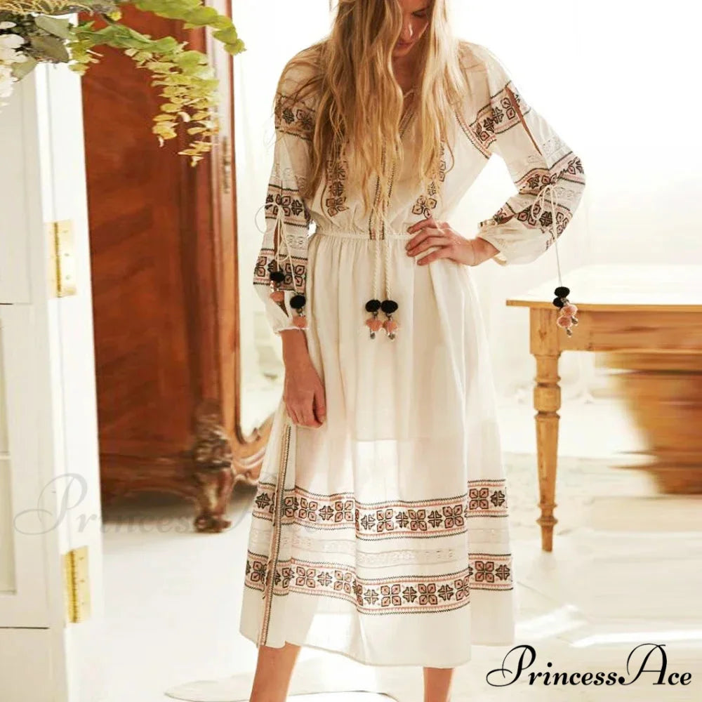 Lantern Extended Sleeve Lace Maxi Boho Dress bohodress-250126