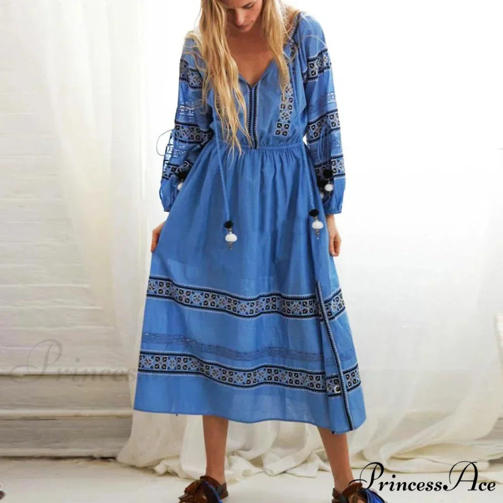 Lantern Extended Sleeve Lace Maxi Boho Dress bohodress-250126