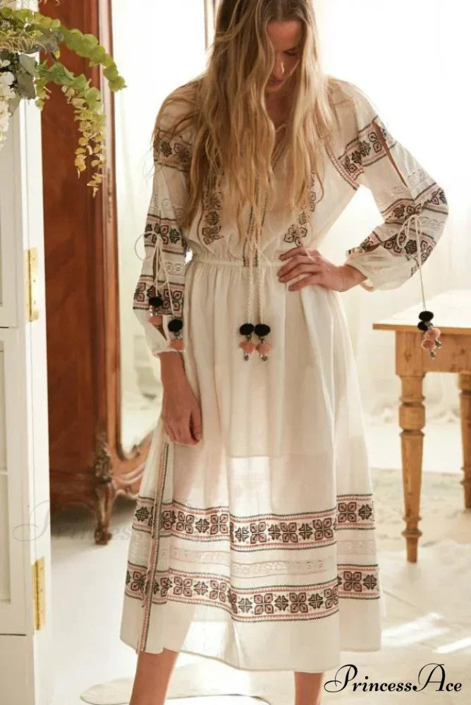 Lantern Extended Sleeve Lace Maxi Boho Dress WHITE / S bohodress-250126