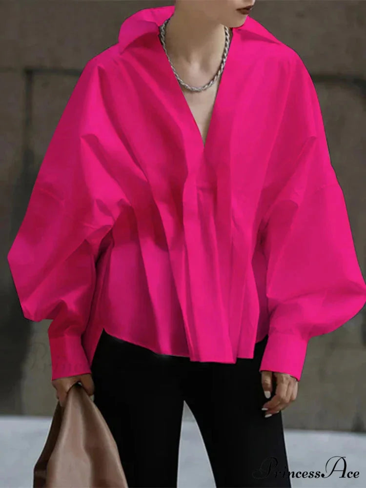 Lantern Extended Sleeve Pleated Fold-over Collar Blouse Dark Pink / S blouse-250126