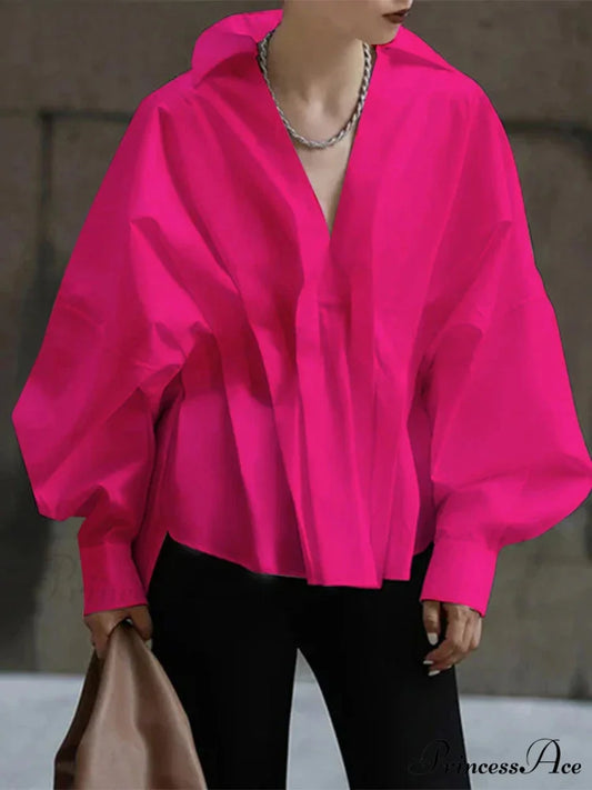 Lantern Extended Sleeve Pleated Fold-over Collar Blouse Dark Pink / S blouse-250126