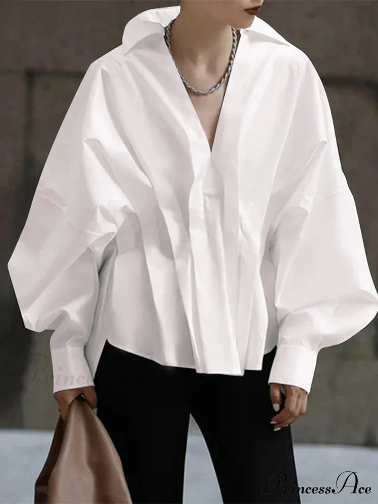 Lantern Extended Sleeve Pleated Fold-over Collar Blouse WHITE / S blouse-250126