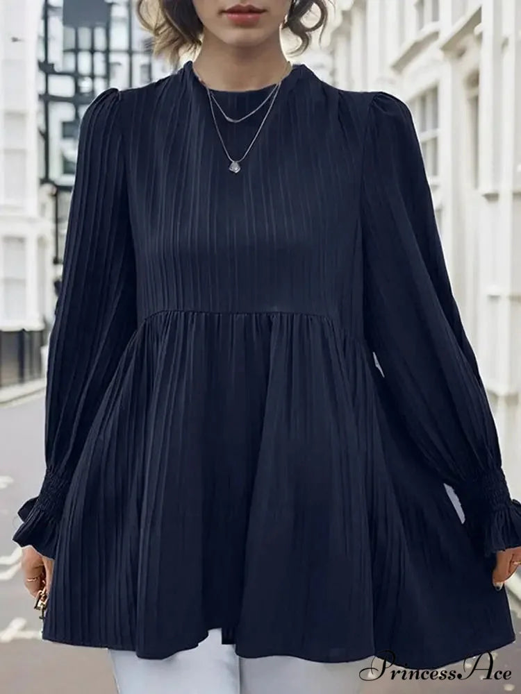 Lantern Extended Sleeve Pleated Top Informal Top Dark Blue / S blouse-250126