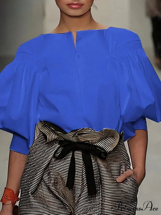 Lantern Quarter Sleeve Button Round Neck Blouse Modified Title: Lantern One-fourth Sleeve Button Circular Neck Blouse