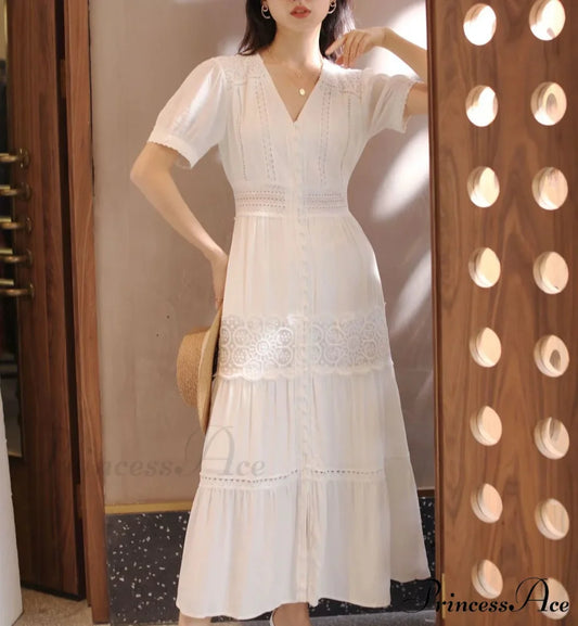 Lantern Sleeve Cotton Rayon Lace Splice Long Dress Classic White V-neck Beige / S bohodress-250126
