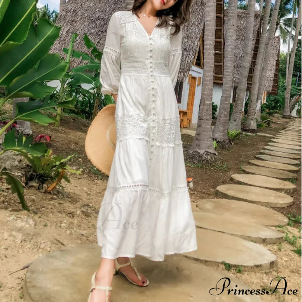 Lantern Sleeve Cotton Rayon Lace Splice Long Dress Classic White V-neck bohodress-250126
