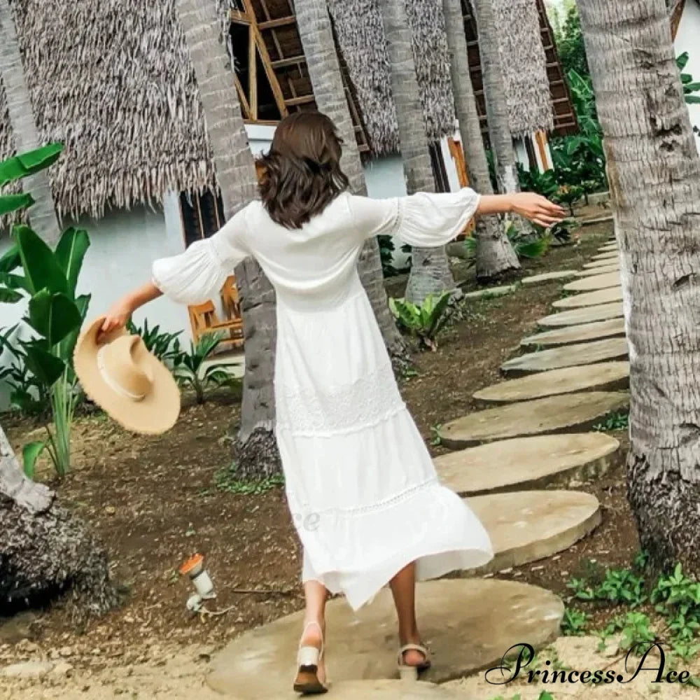 Lantern Sleeve Cotton Rayon Lace Splice Long Dress Classic White V-neck bohodress-250126