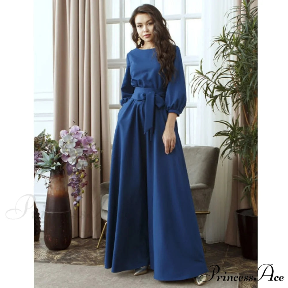 Lantern Sleeve Elegant Bandage Dress Blue / L