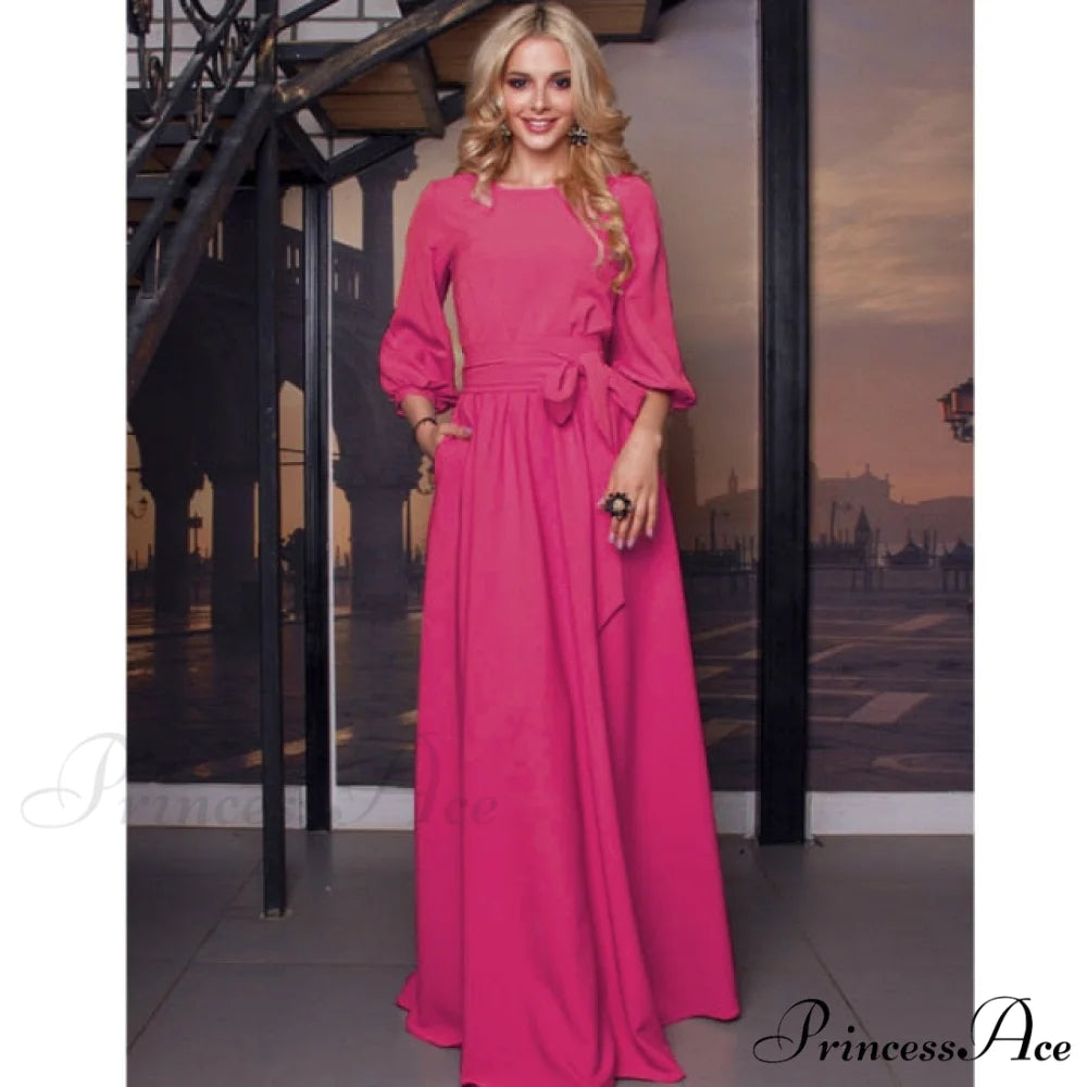 Lantern Sleeve Elegant Bandage Dress Rose Red / L