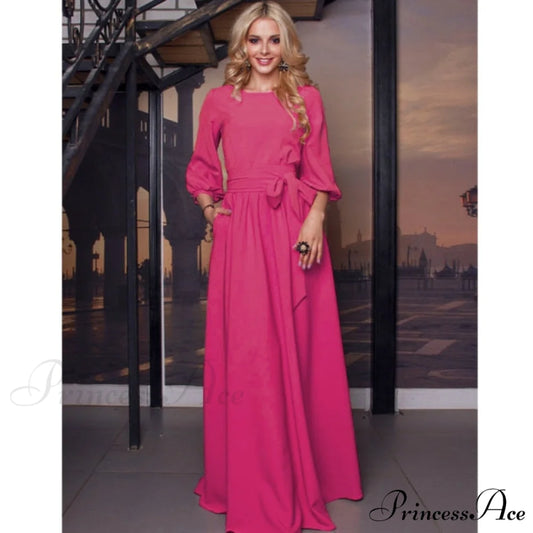 Lantern Sleeve Elegant Bandage Dress Rose Red / L