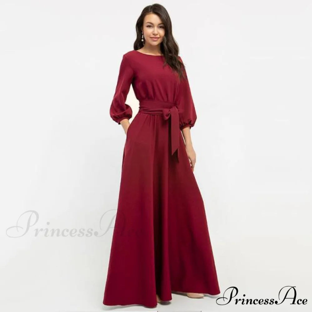 Lantern Sleeve Elegant Bandage Dress wine red / L