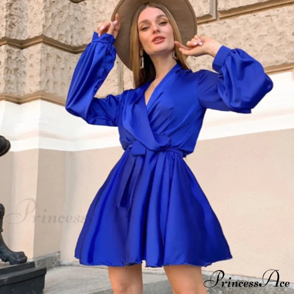 Lantern Sleeve Elegant Fashion Dress Blue / S