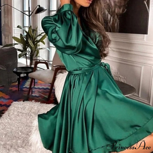 Lantern Sleeve Elegant Fashion Dress Green / S