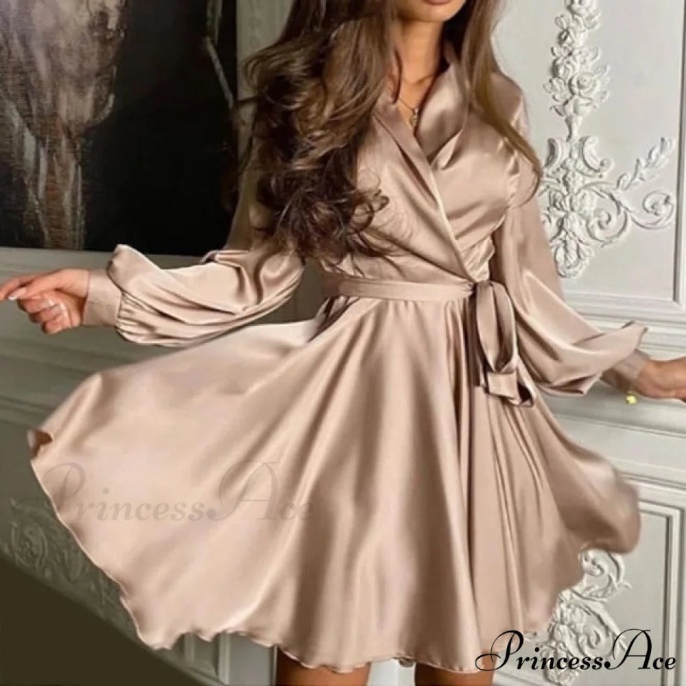Lantern Sleeve Elegant Fashion Dress Khaki / S