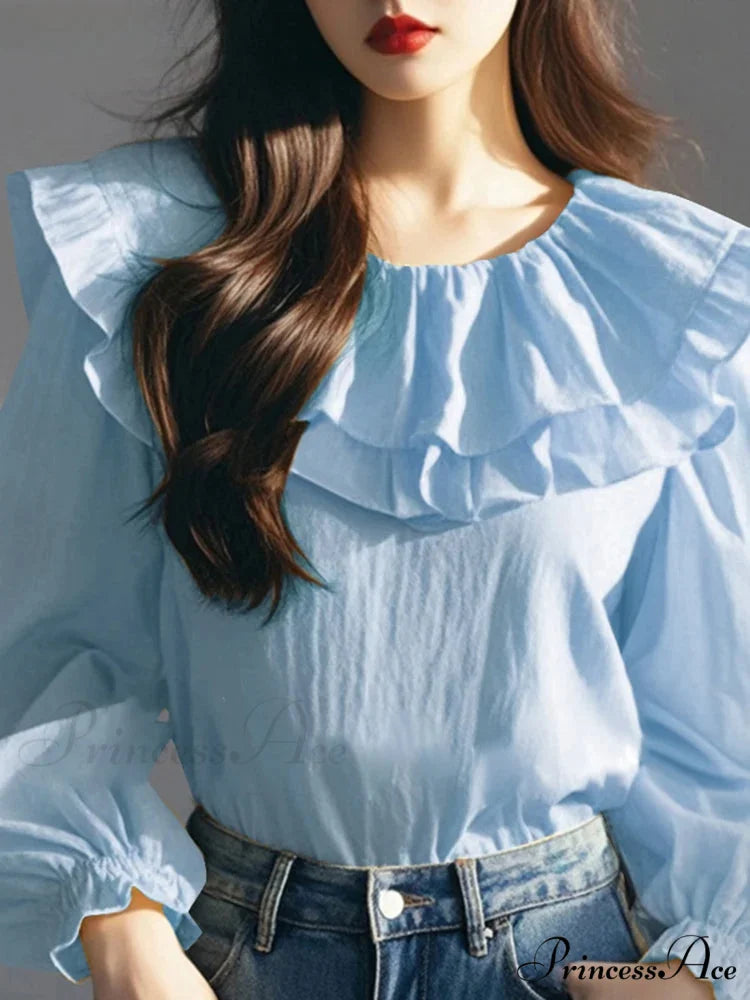 Lantern Sleeve Frilled Circular Neck Blouse Blue / S blouse-250126