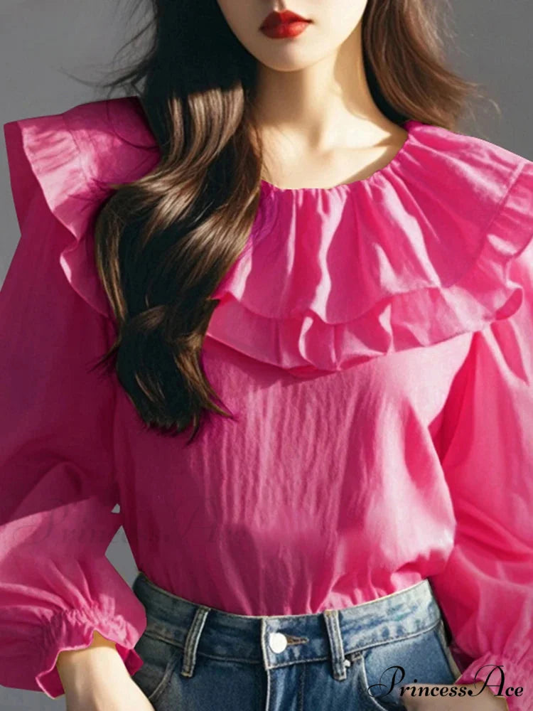 Lantern Sleeve Frilled Circular Neck Blouse Dark Pink / S blouse-250126