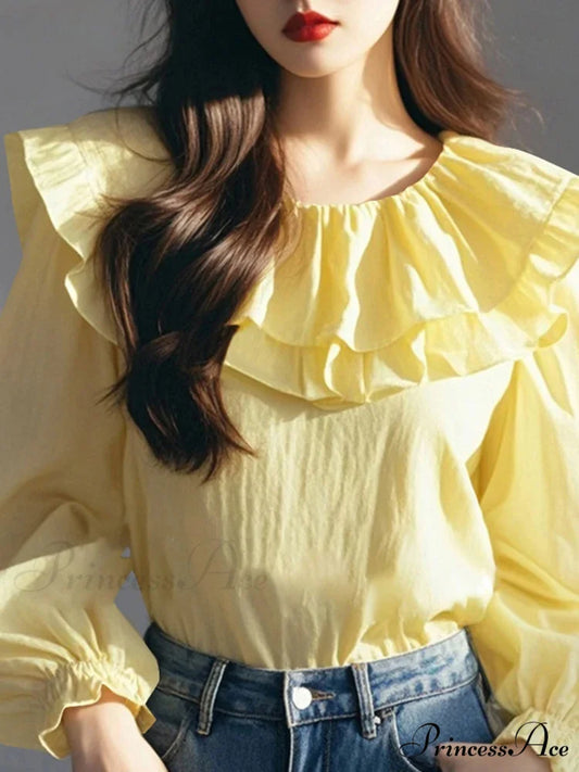 Lantern Sleeve Frilled Circular Neck Blouse Yellow / S blouse-250126