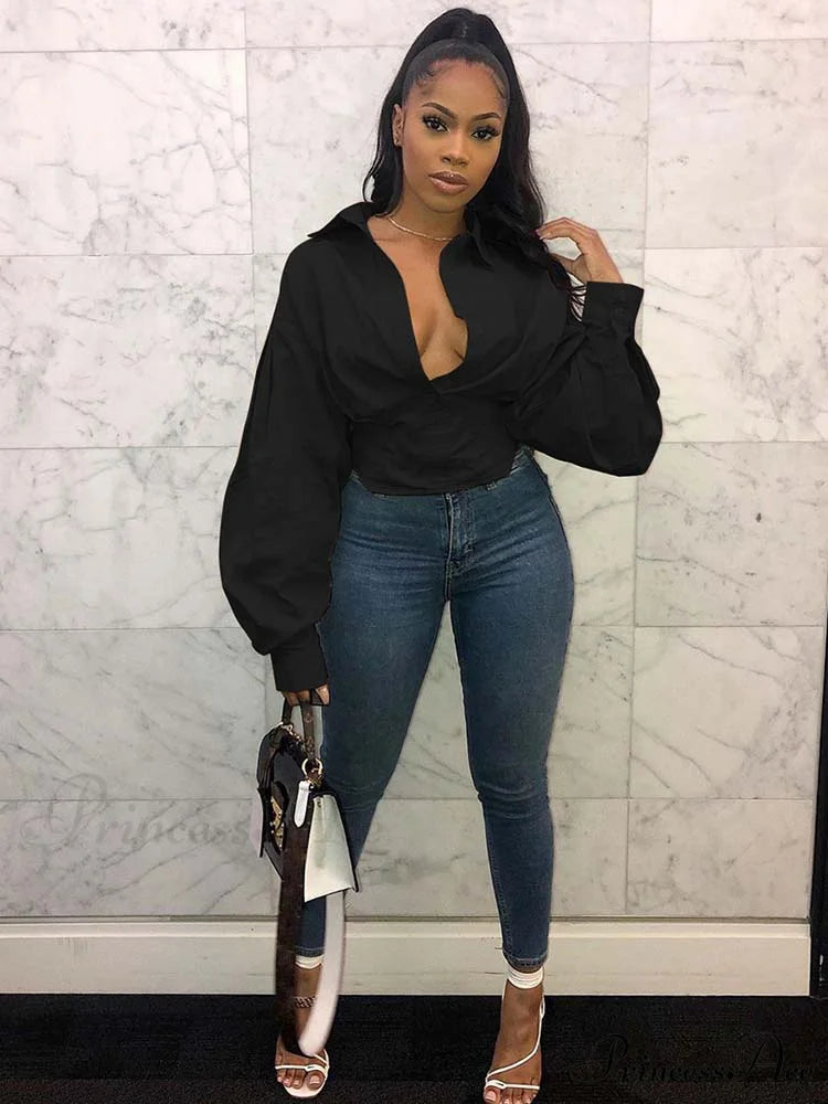 Lantern Sleeve Graceful Belted Shirt Dress Black / M