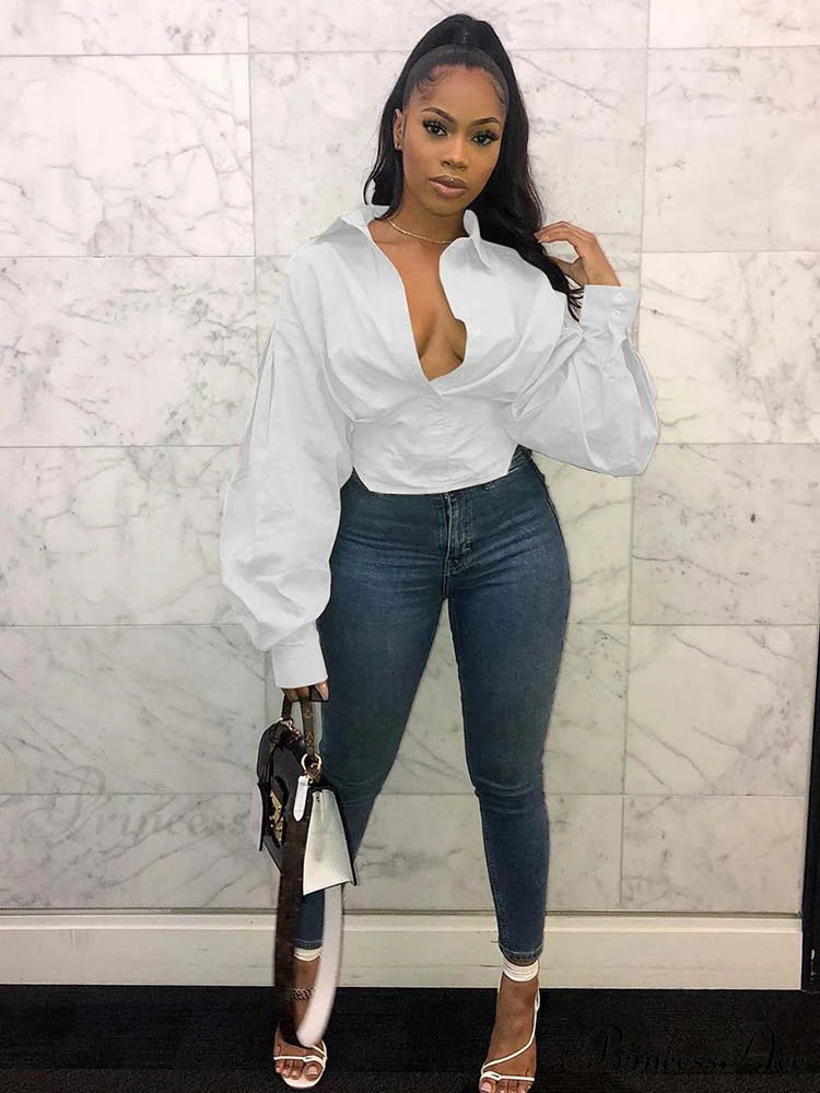 Lantern Sleeve Graceful Belted Shirt Dress White / M