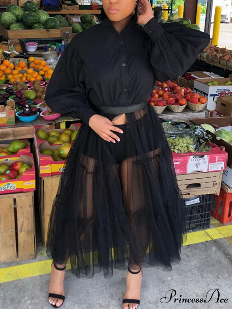 Lantern Sleeve Graceful Split Maxi Dress Black / M